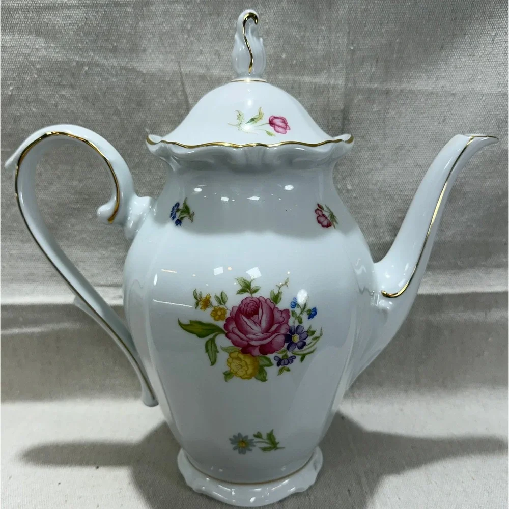 Schumann Arzberg Bavaria Germany Porcelain Coffee Pot Floral Rose Gold Trim 11in